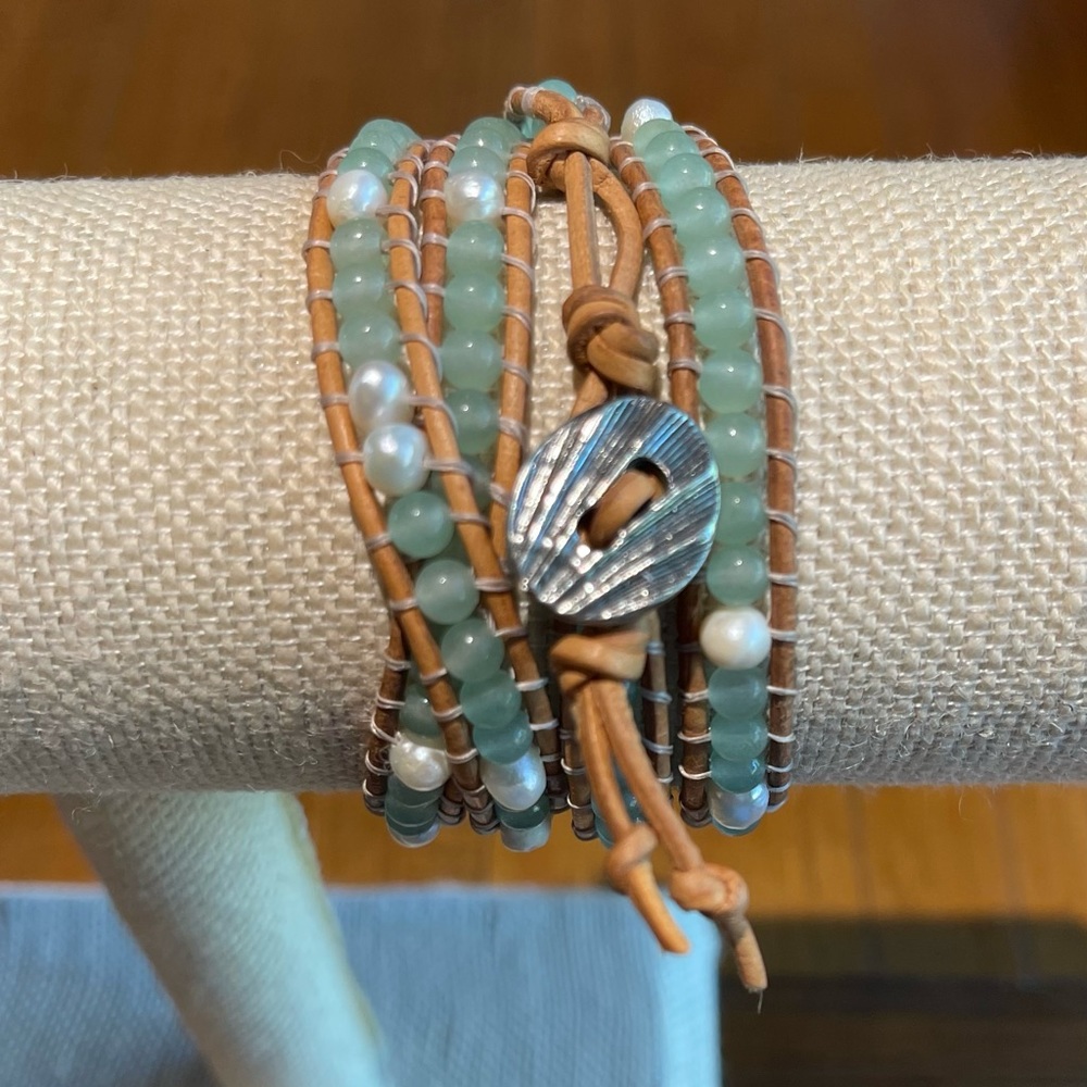 Handmade by me, leather, amazonite and freshwater Pearl ladder-wrap bracelet.